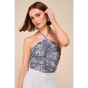 Lulus Coolest Status Blue Floral Abstract Mesh Ruched Halter Bodysuit - Size M